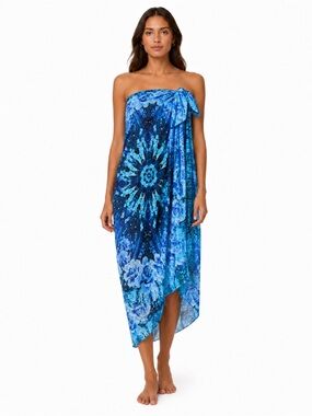 NWT Gottex 100% Silk Sarong Cover Up OS Blue Floral Pareo Scarf $198 Wear 7 Ways